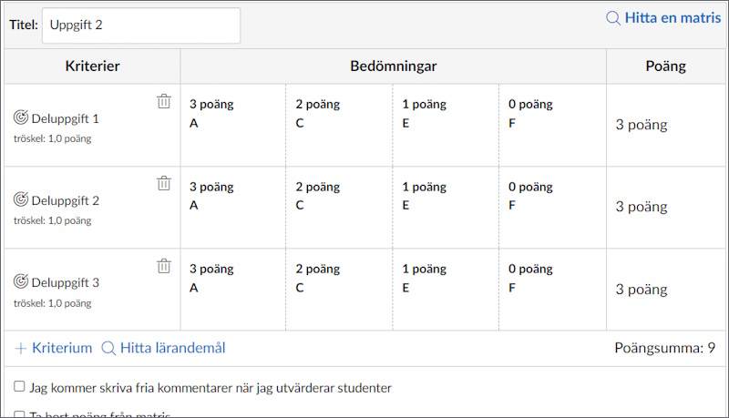 Matris med tre deluppgifter, 4 poäng per deluppgift.