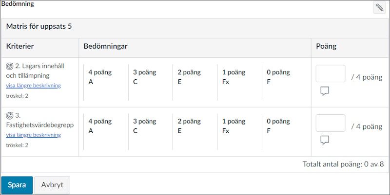 Två lärandemål i en matris, 4 poäng per lärandemål. Omdömesskalan A, C, E, Fx och F.