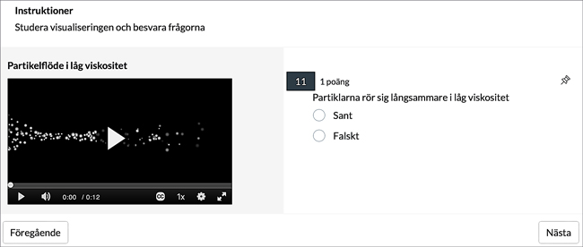 Video visas bredvid en "Sant/Falskt" fråga. Knapparna "föregående" och "nästa" finns sist på sidan.