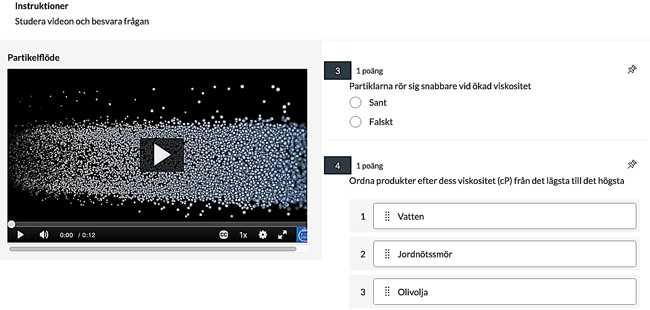 Video bredvid två frågor i en lista. Inga knappar finns i slutet av sidan.