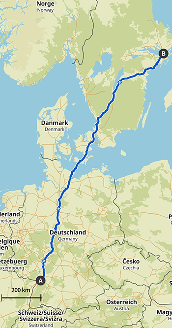 karta över Arnd Hanisch cykelväg från Tyskland till Sverige