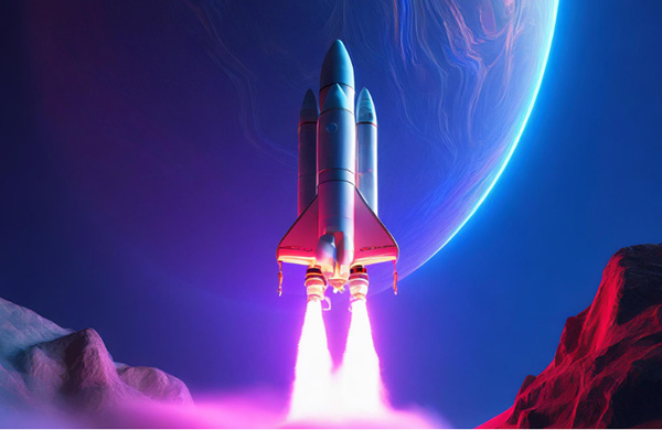 AI generated image of a rocket taking off in a purlple landscape