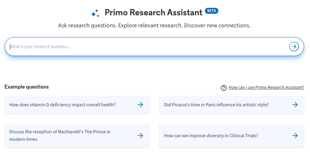 Screenshot of Primo Research Assistant