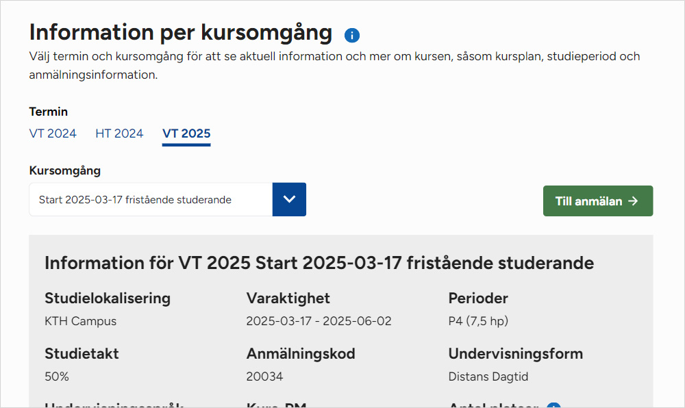 Skärmdump som visar ny layout på kurssidor