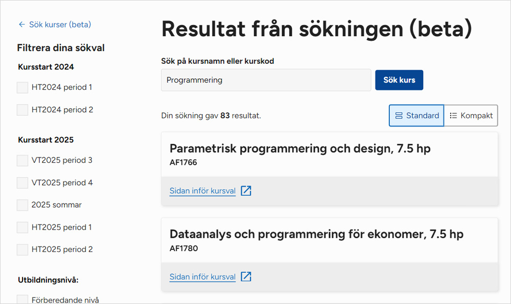 Skärmdump som visar ny layout för sökfunktion i Kurs- och programkatalogen