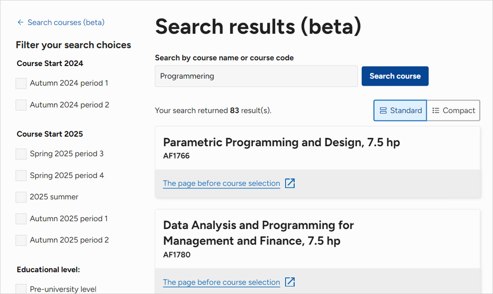 Screenshot showing the layout of the new search courses function