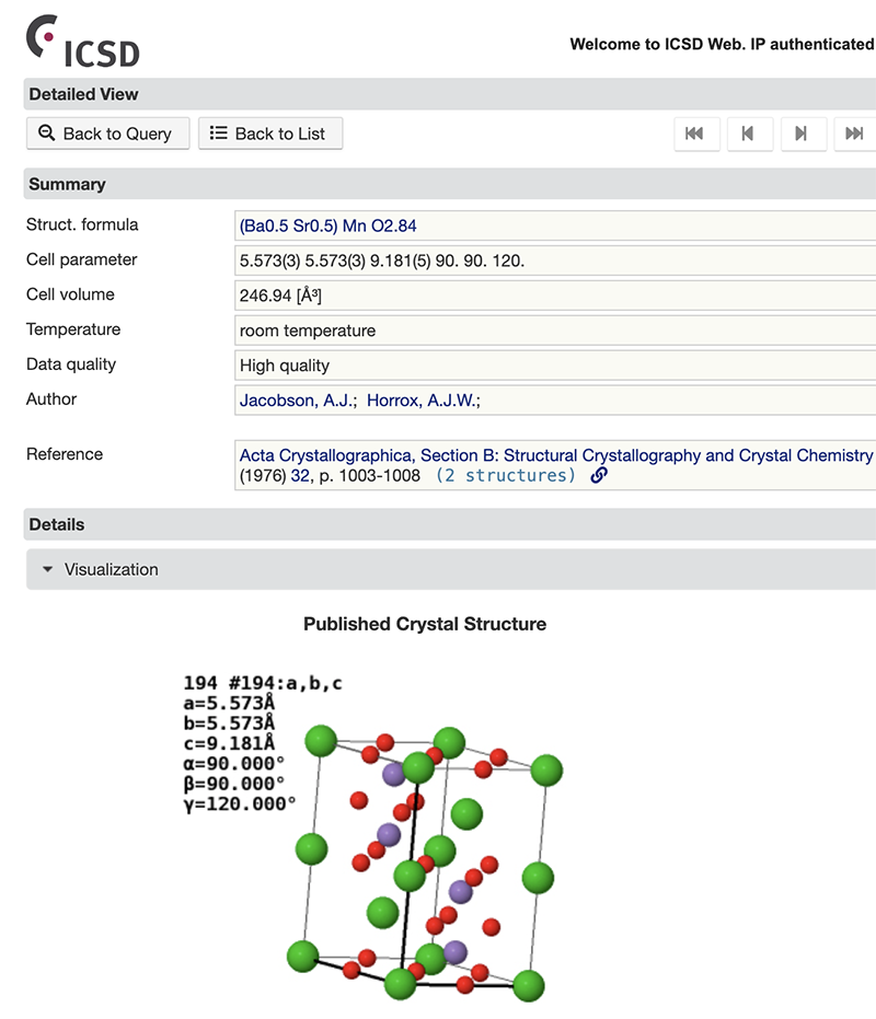 Screenshot from databasen ICSD