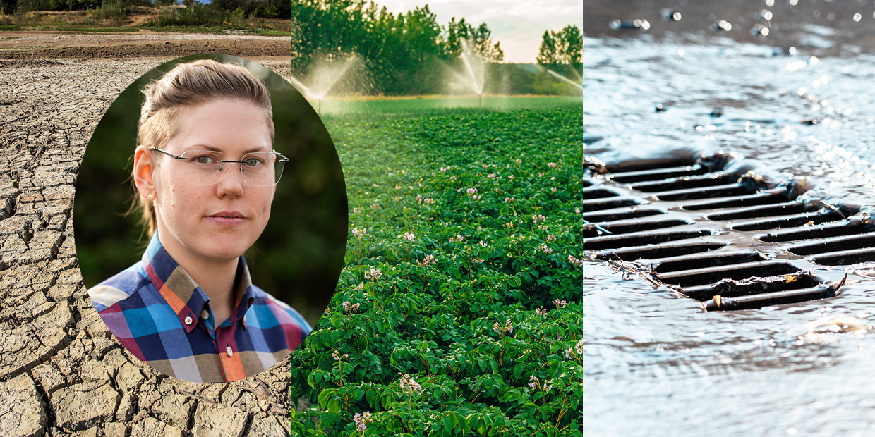 The torso of a woman in front of a collage of dry land, an irrigated field and a 