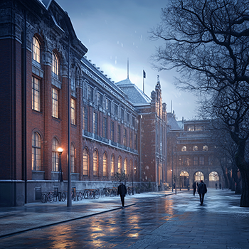 AI-generad bild av hus och en gata med snöslask på.