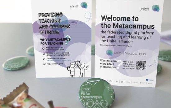 Two flyers with information about Metacampus and a badge "Fit for Metacampus"