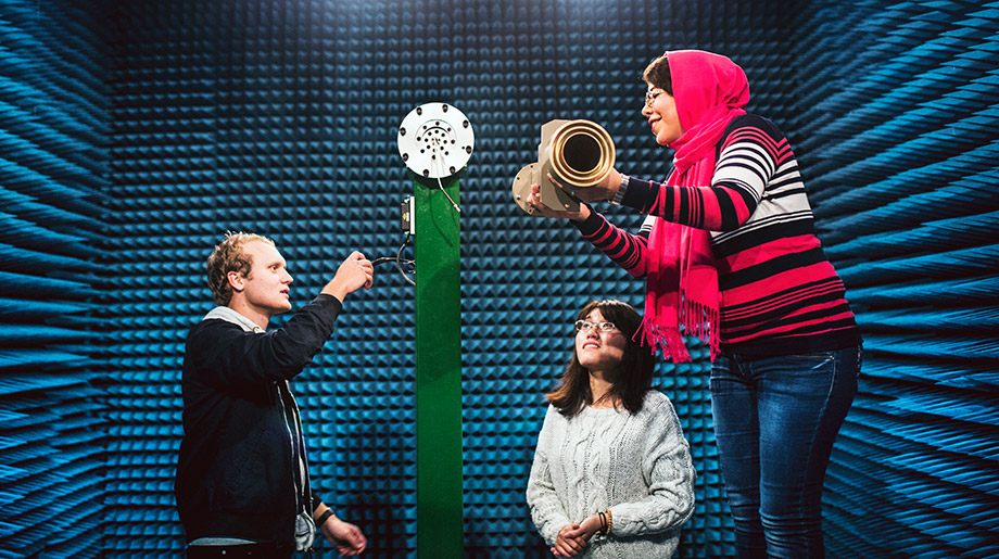 Students working together in anechoic chamber